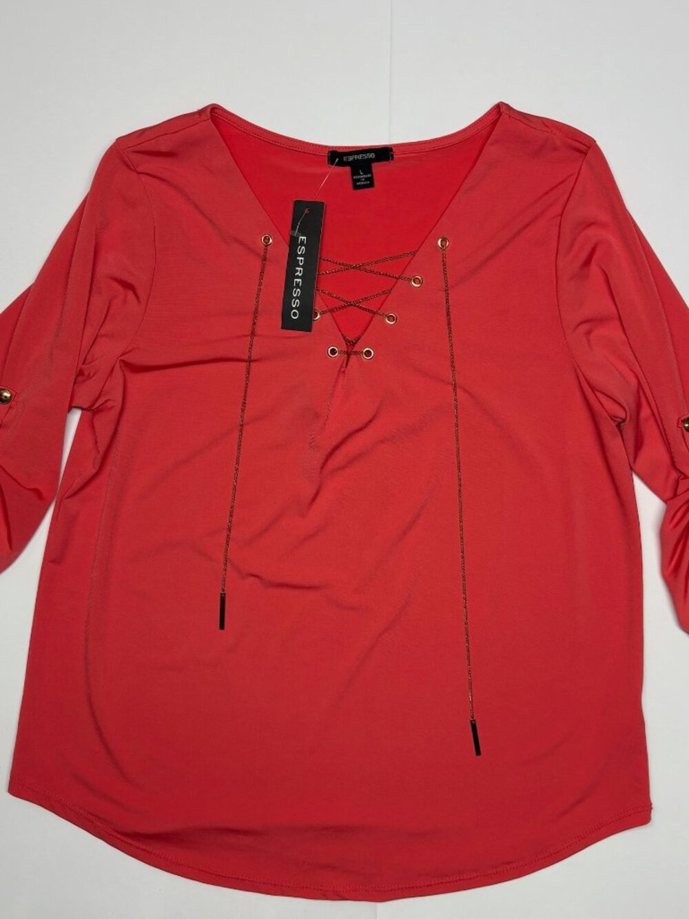 Espressso top in size L with a gold chain lace-up front detail